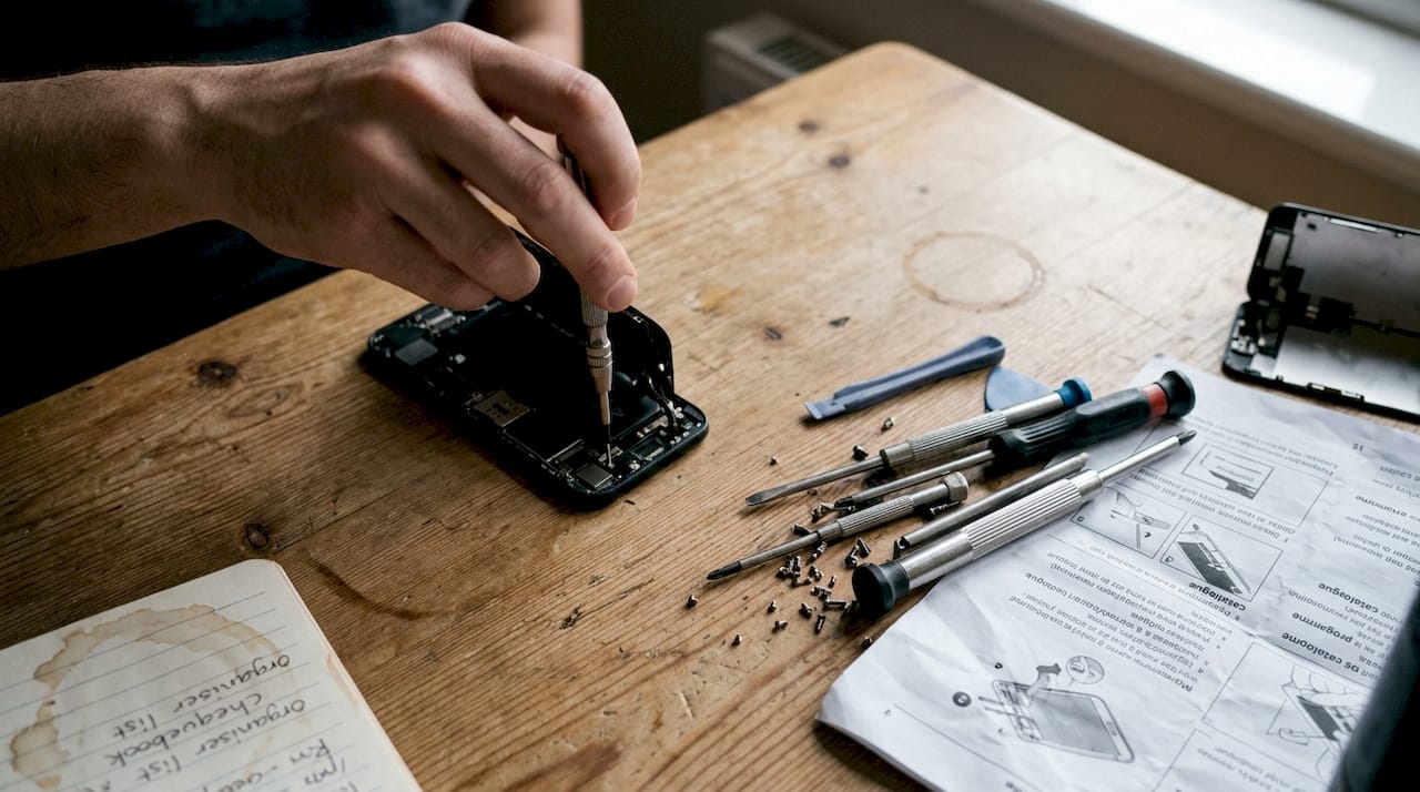 Close-up of phone repair tools and hand during repair