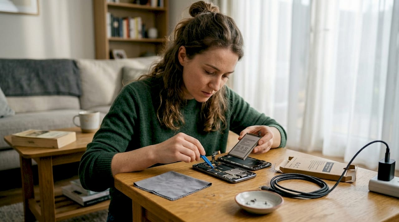 Woman replacing phone battery at living room table