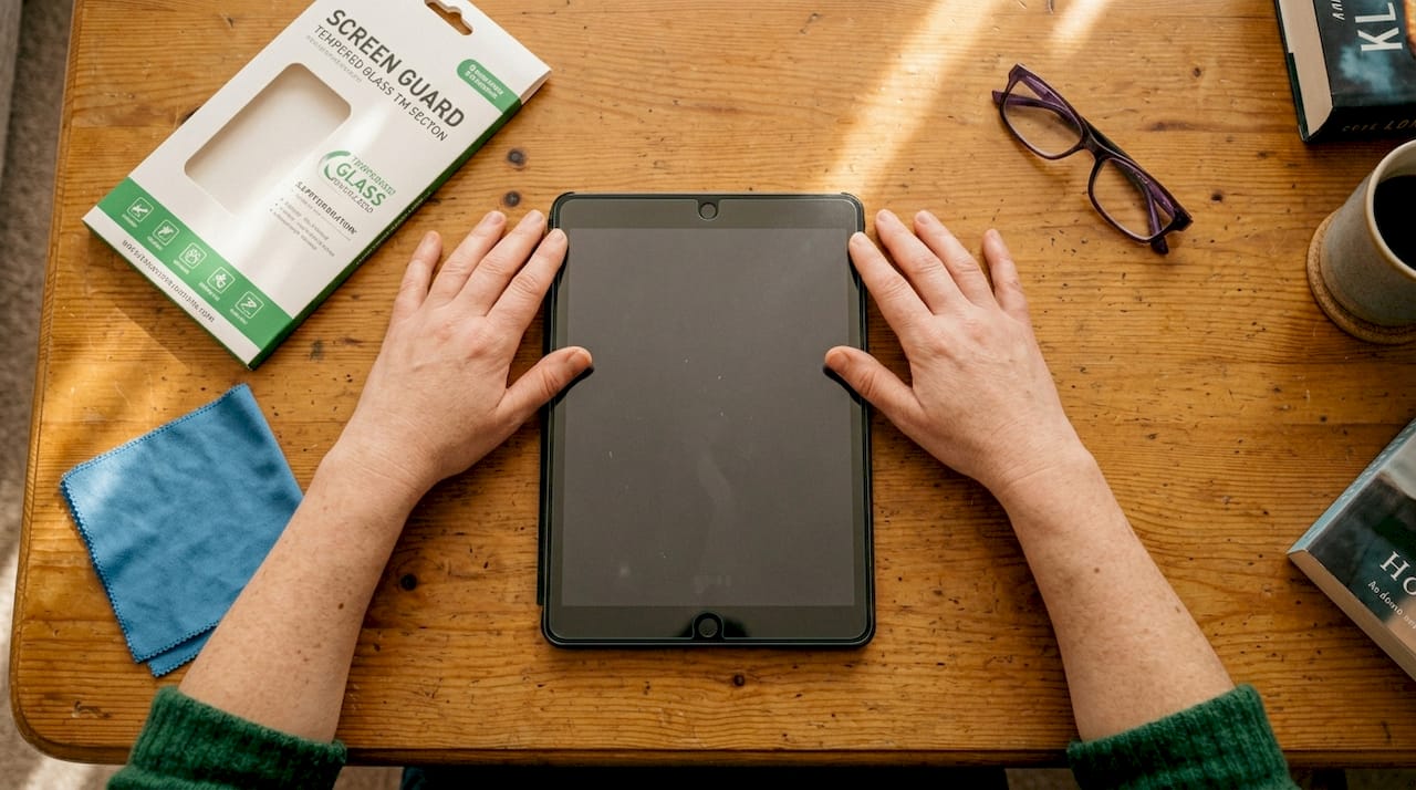 Woman installing tempered glass protector on tablet