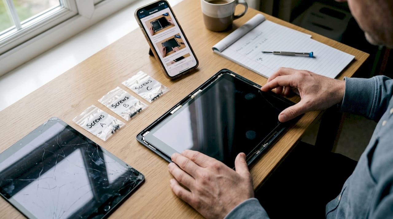 Hands aligning new screen on tablet