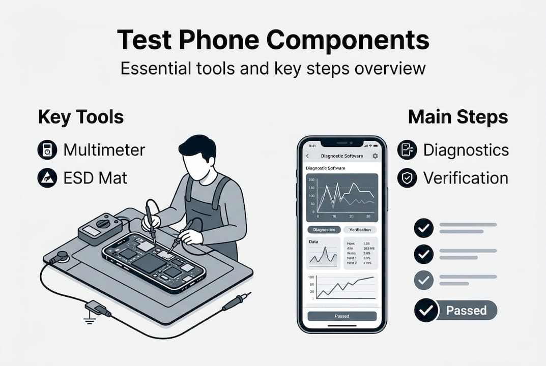 Infographic showing key tools and steps for testing phone components