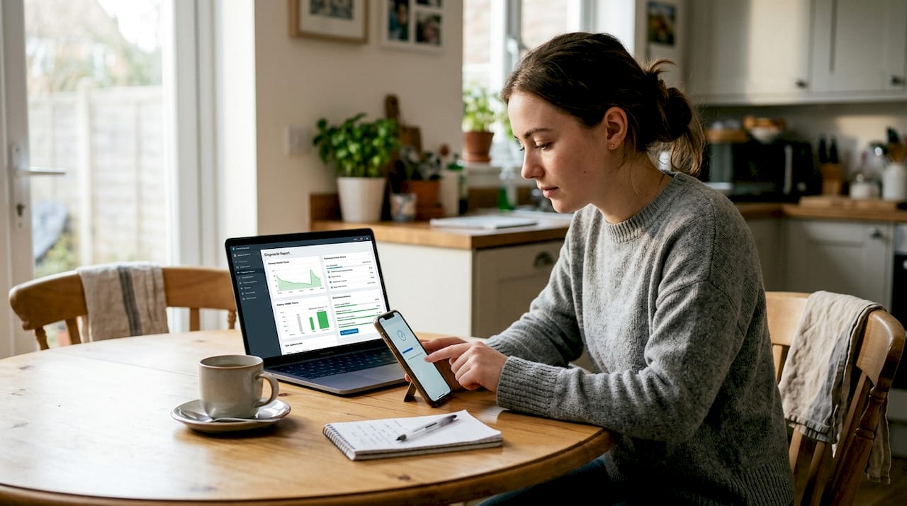 Woman using diagnostic app on smartphone