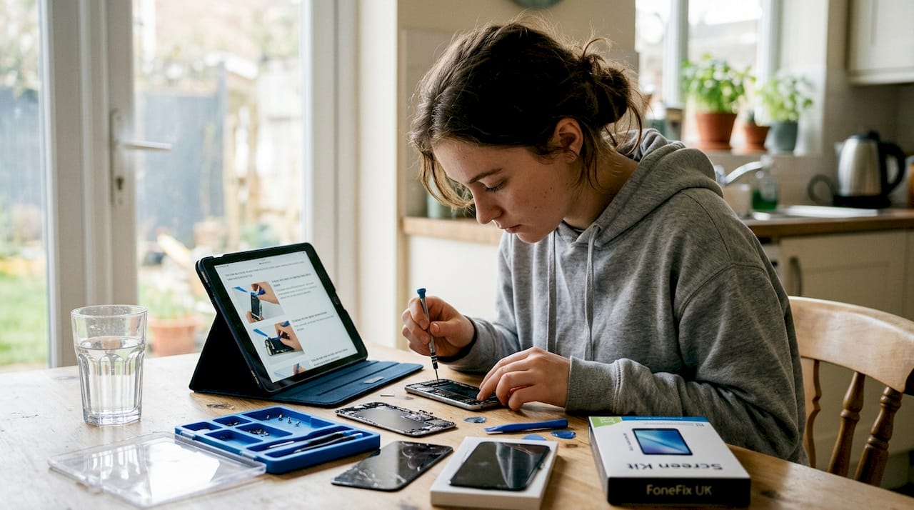 Woman doing DIY phone screen repair at home