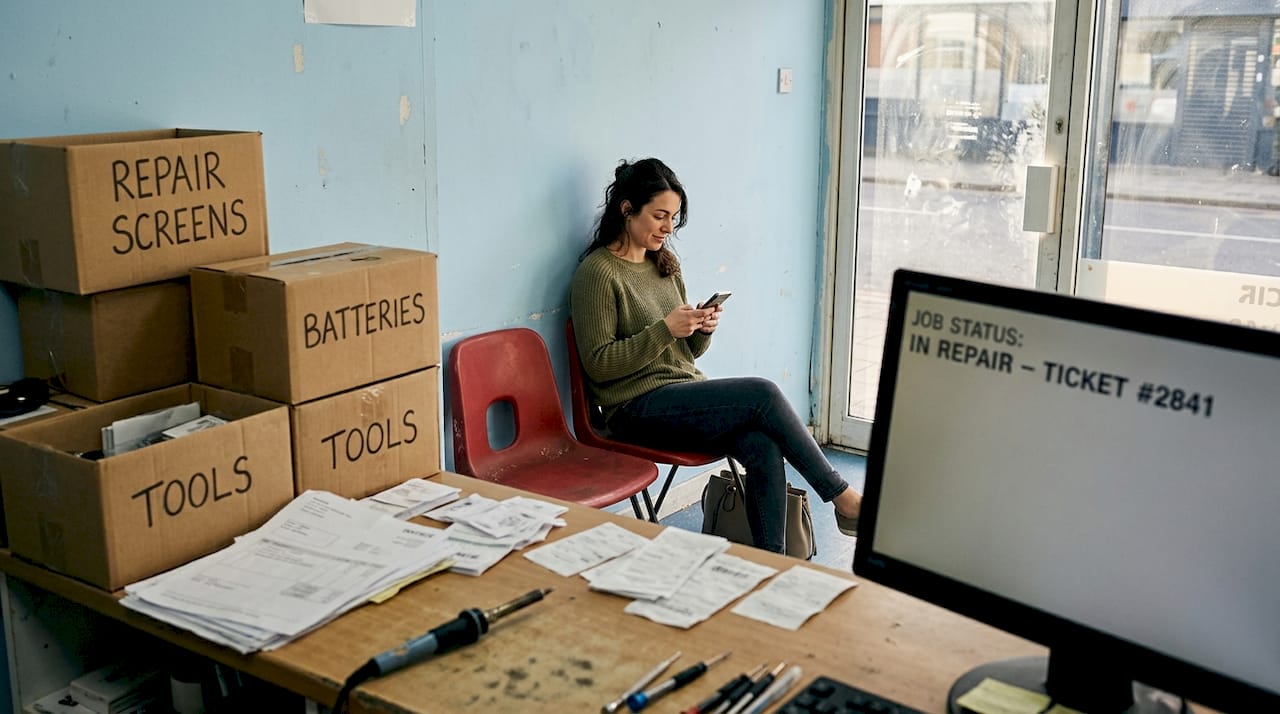 Customer waiting in local phone repair shop