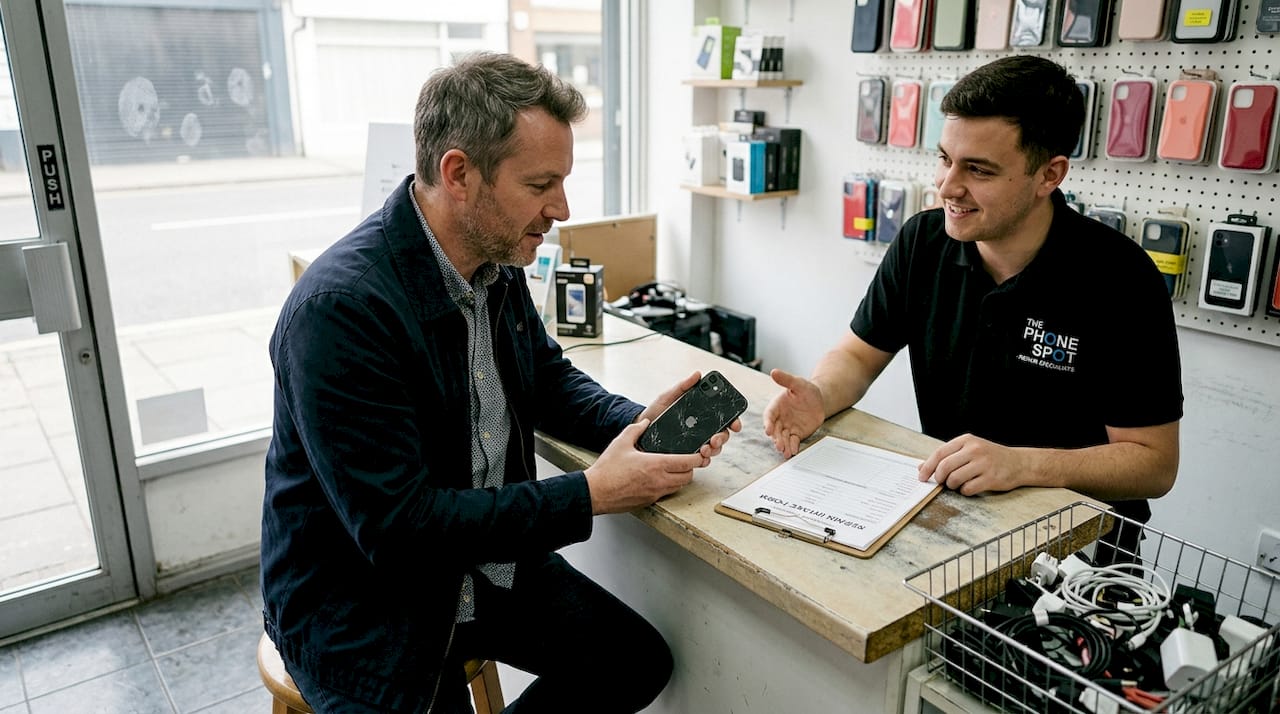 Customer discussing iPhone 11 repair at shop counter