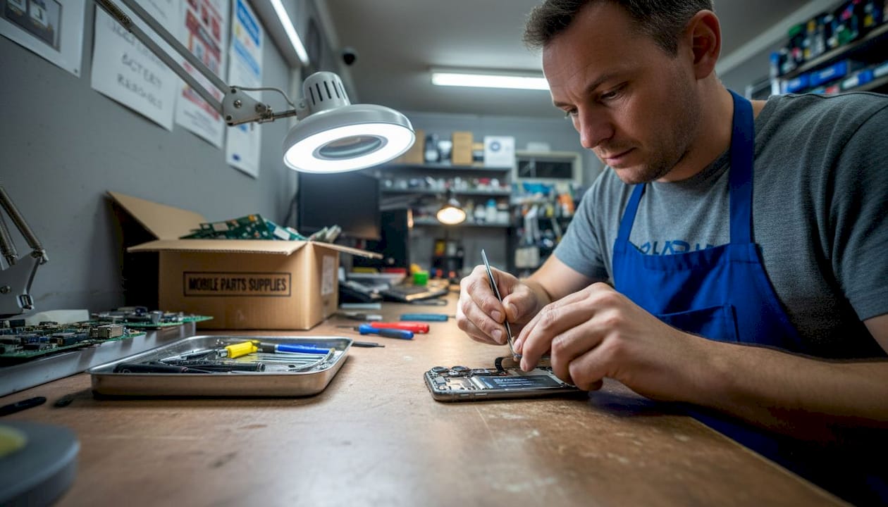 Technician installing new iPhone 11 battery