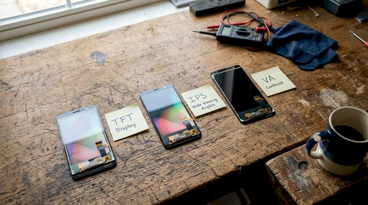 Different LCD screen types on wooden workbench