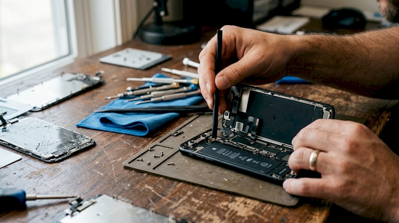 Hands repairing iPhone 11 battery on workbench