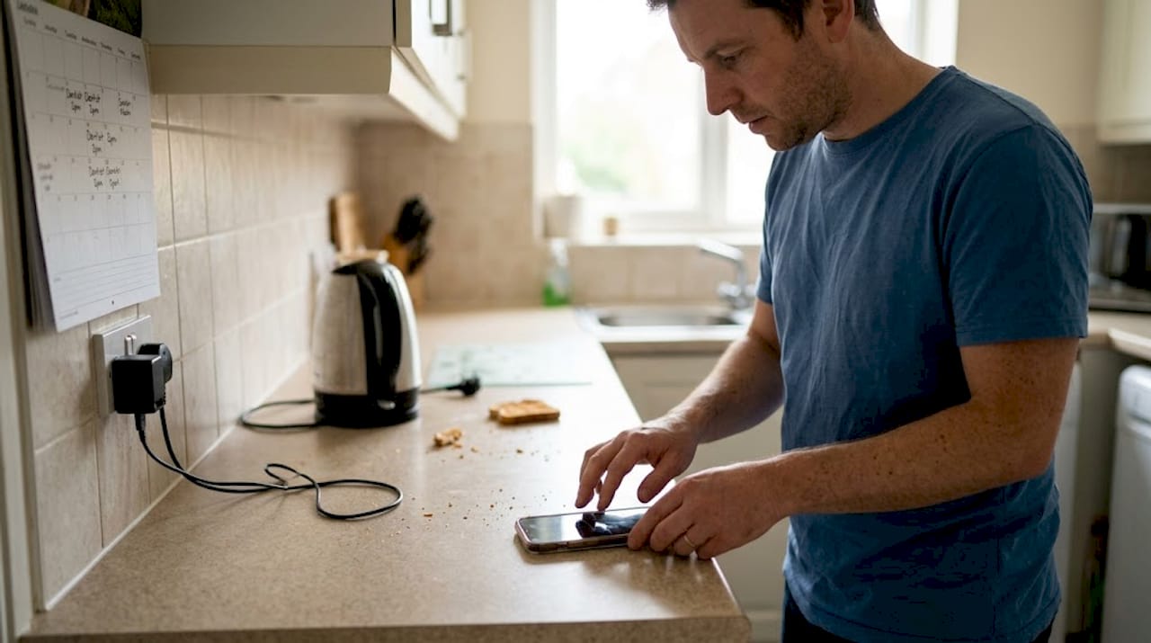 Man noticing warm phone on kitchen counter