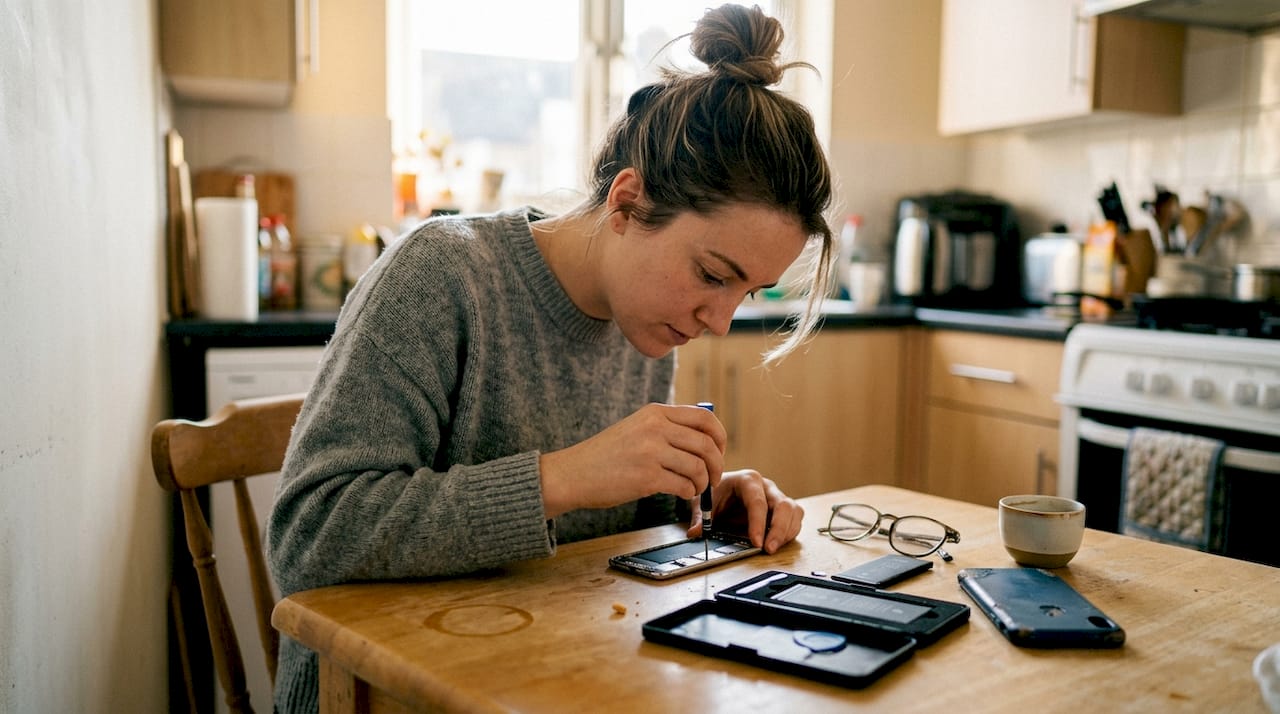 Woman removing iPhone battery at home