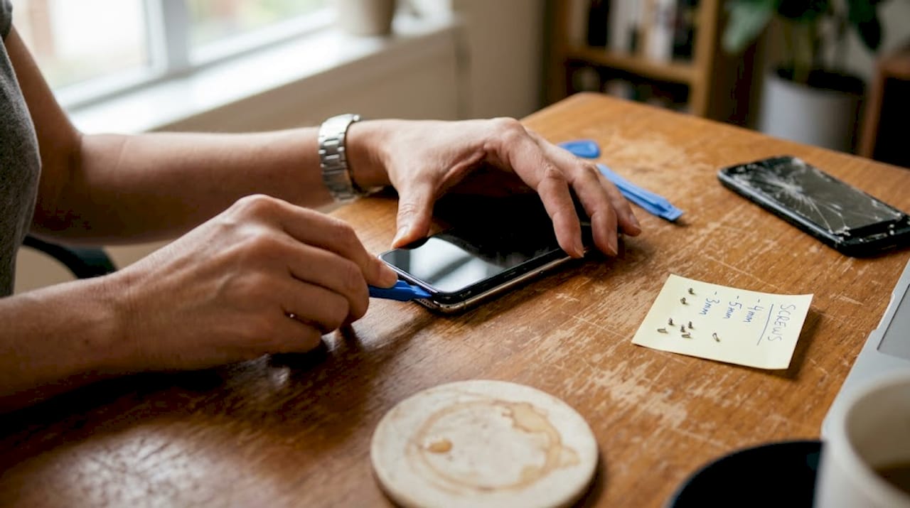 Hands opening phone with plastic tools