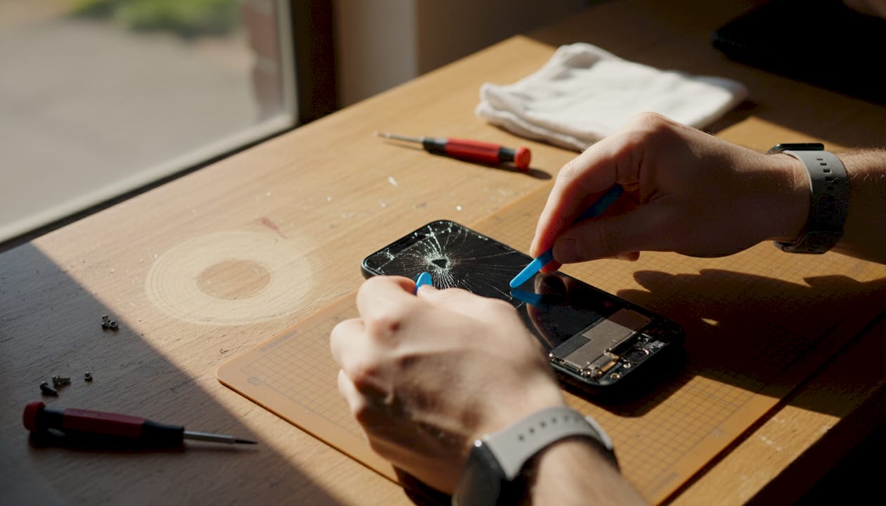 Hands carefully repairing a smartphone LCD
