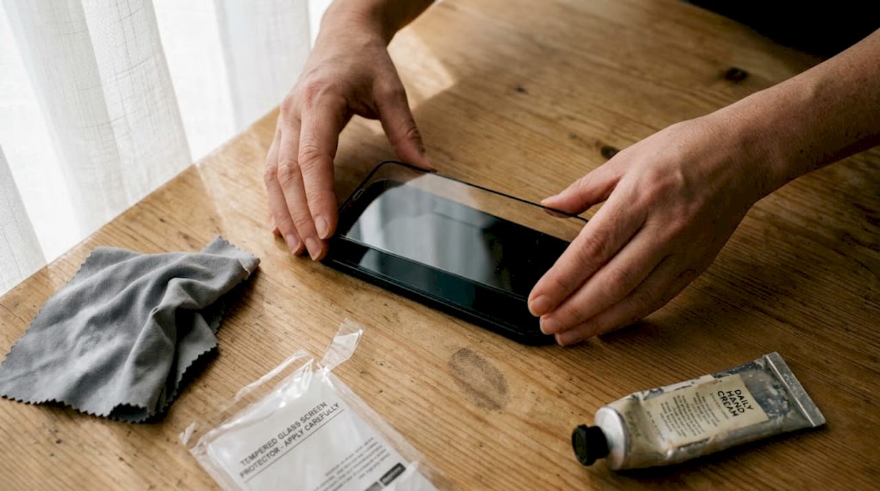 Hands applying glass protector to phone