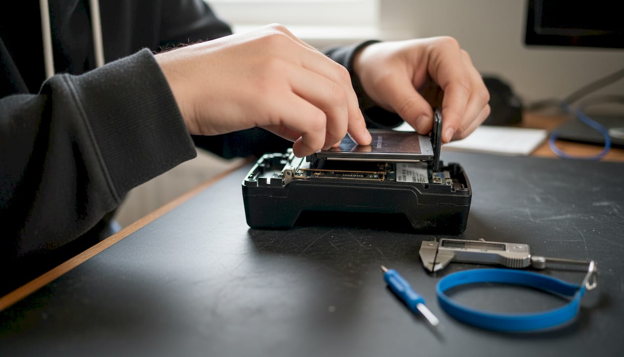 Hands installing bar type LCD panel