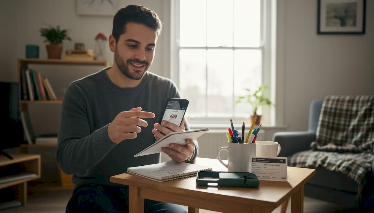 Man referencing notes to check phone symptoms