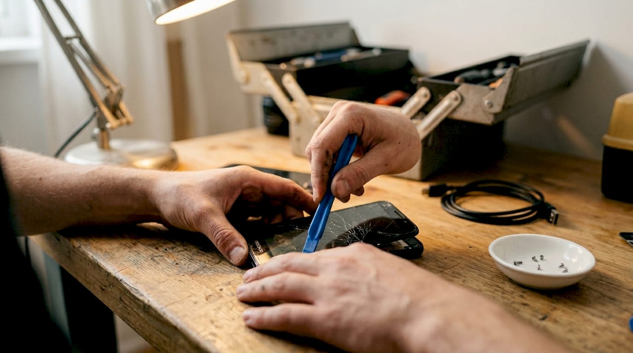 Repairing cracked Motorola phone screen in garage