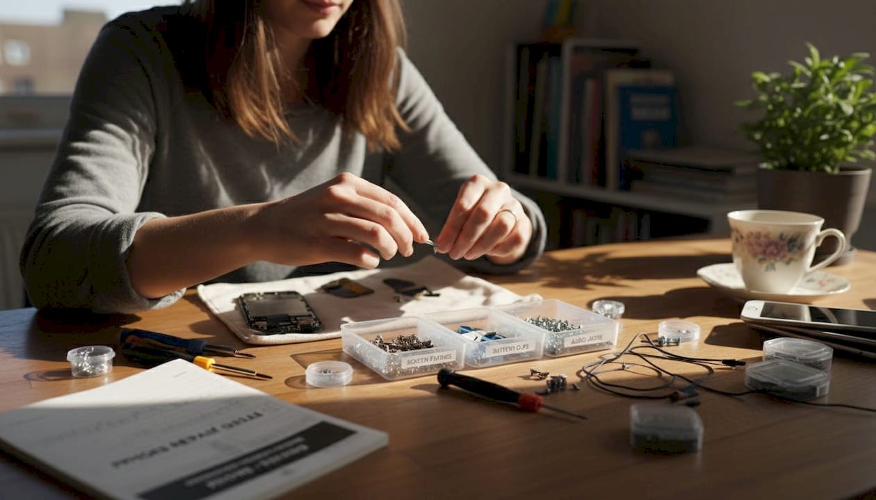 Woman organizing components for iPhone charging port repair