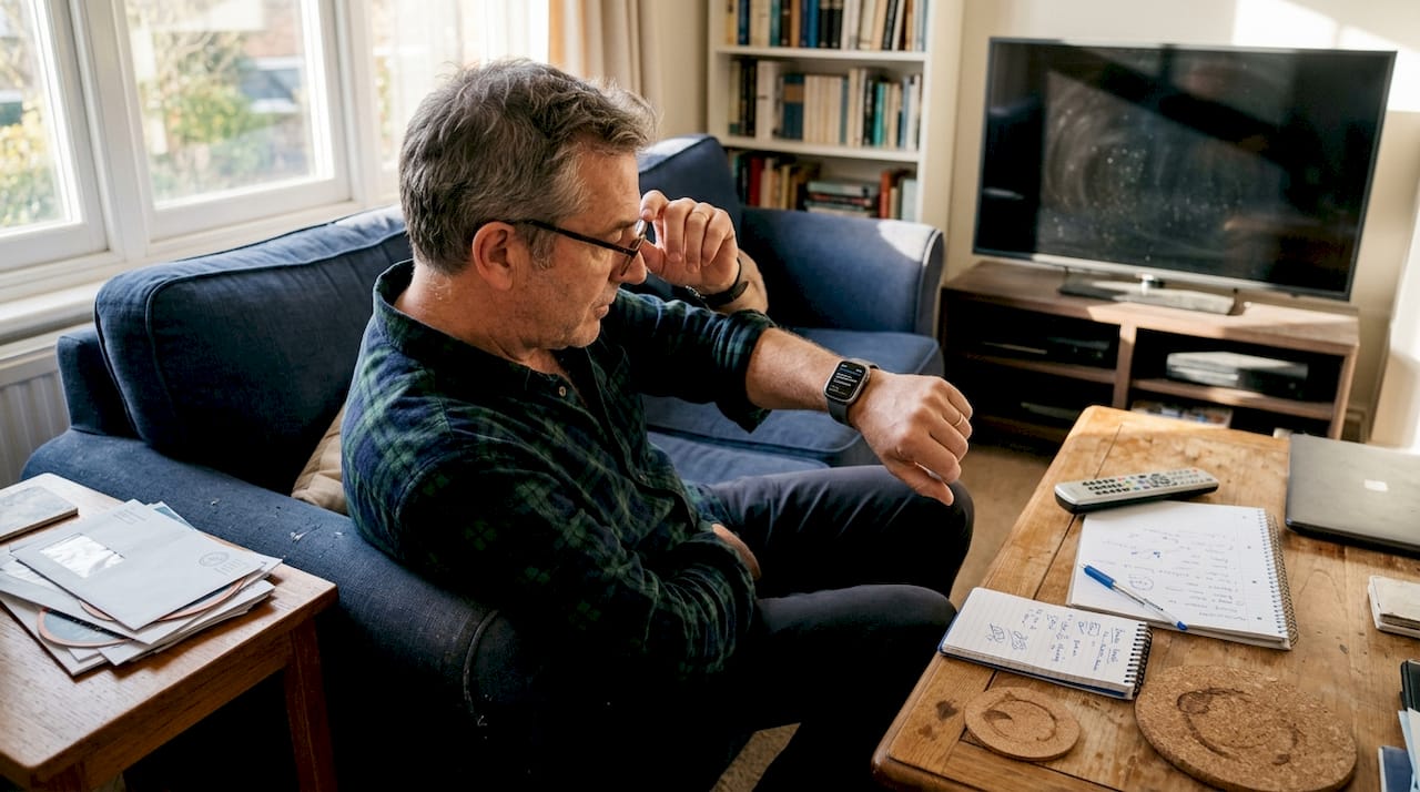 Man checking Apple Watch battery health on sofa
