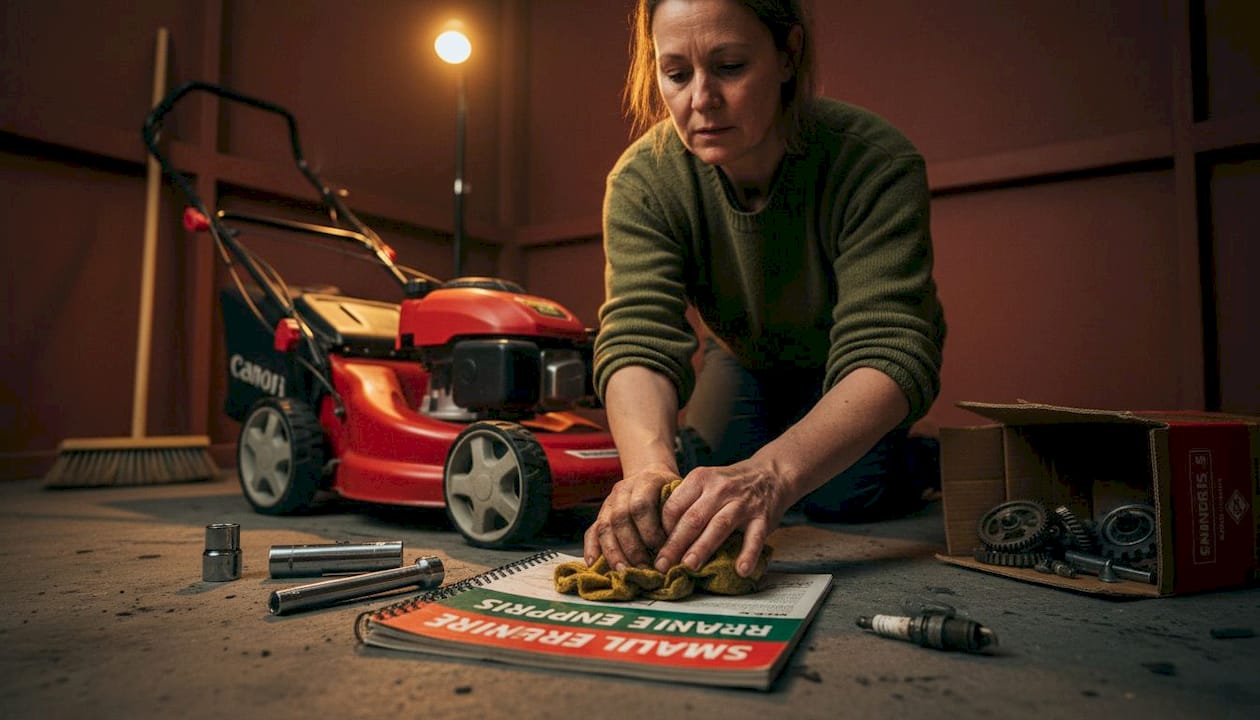 Woman performing basic lawnmower maintenance