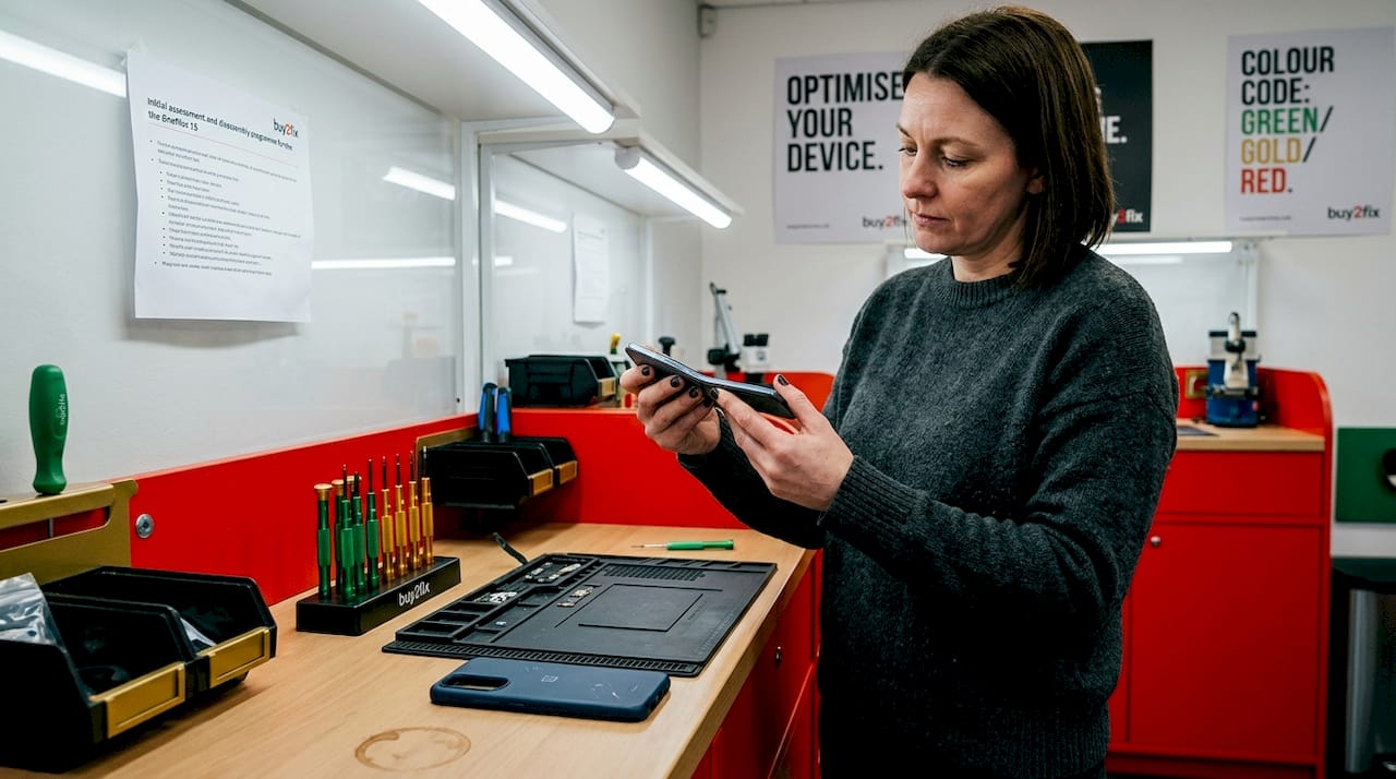 Technician testing phone durability in studio