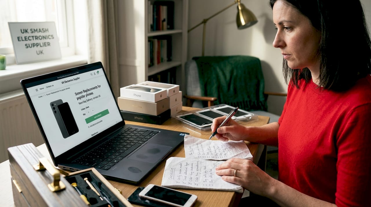 Woman checking parts suppliers for mobile upgrade
