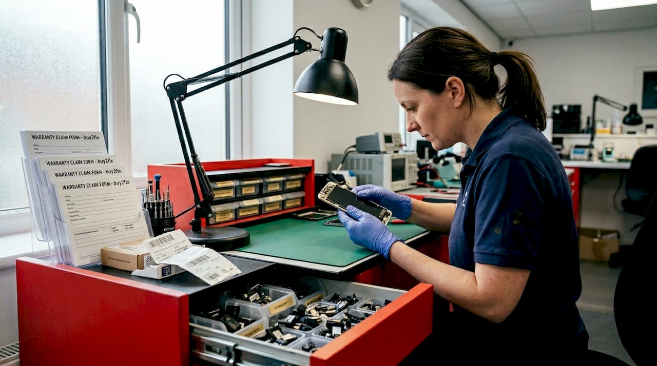 Technician evaluating replacement smartphone screen
