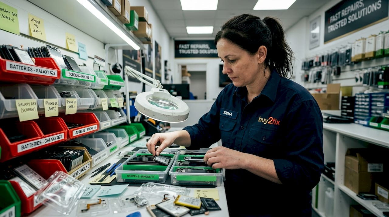 Technician sorting replacement phone parts