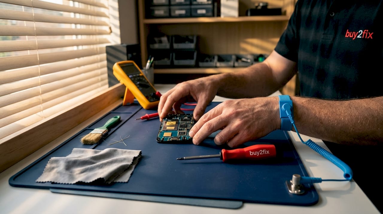 Hands using ESD tools on phone motherboard