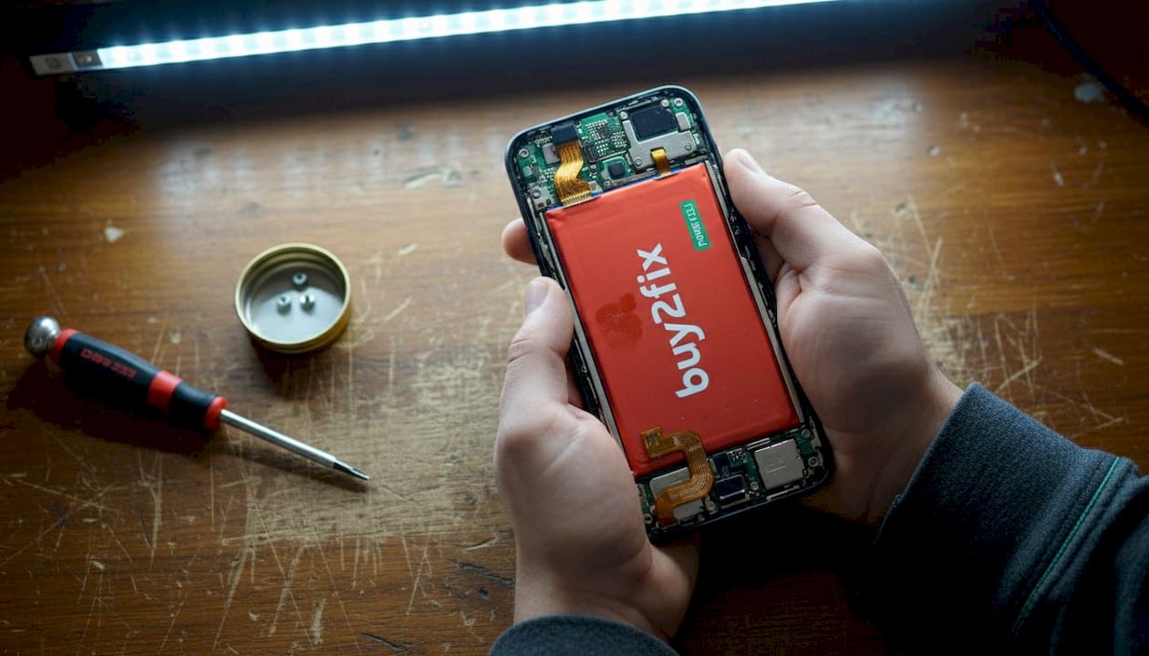 Hands holding open smartphone exposing battery