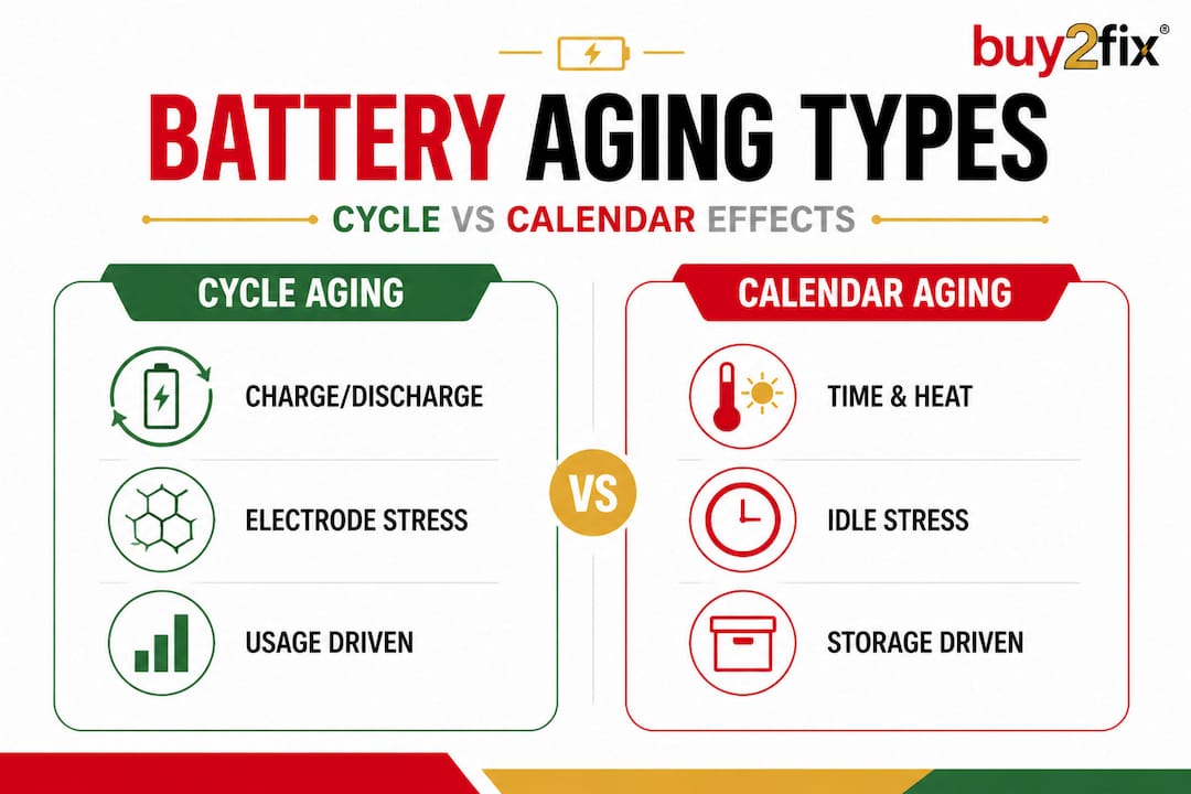Infographic comparing cycle versus calendar phone battery aging