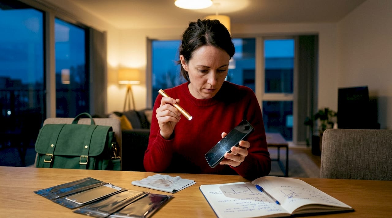 Woman tests phone screen using flashlight