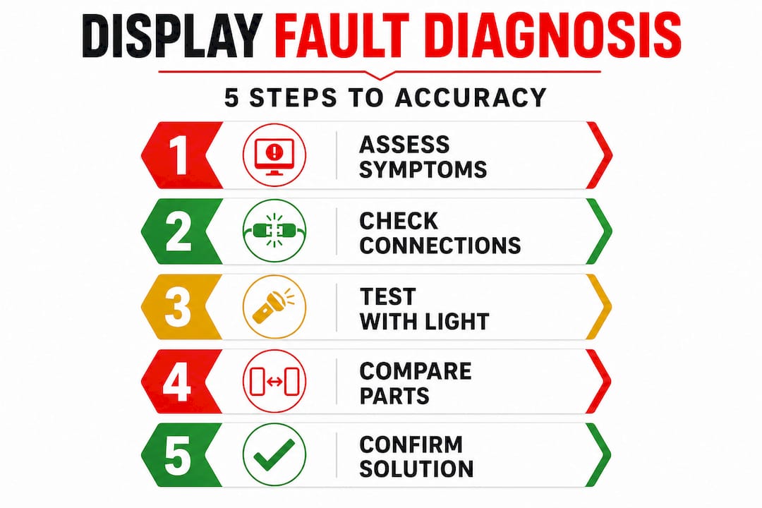 Infographic outlining steps to diagnose mobile display problems