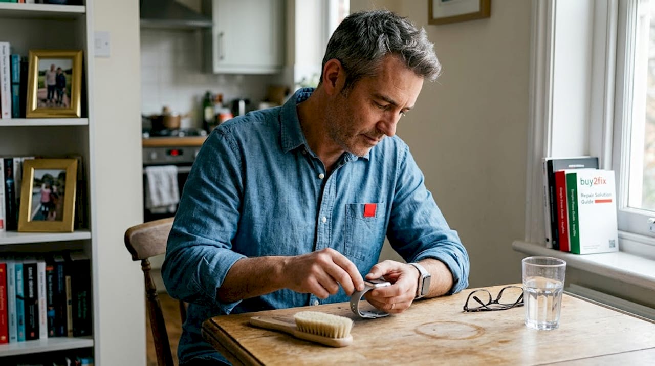 Person cleaning smartwatch wristband on table