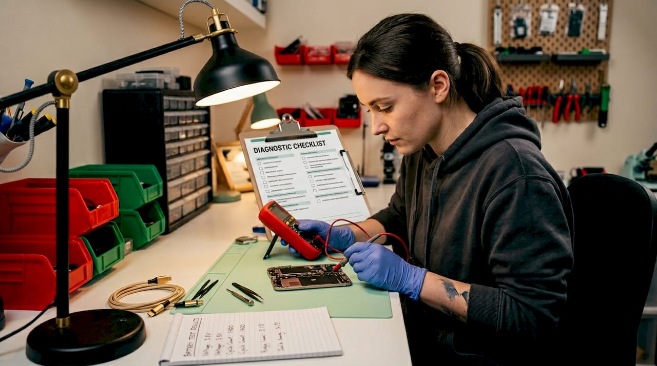 Technician using multimeter and checklist during repair