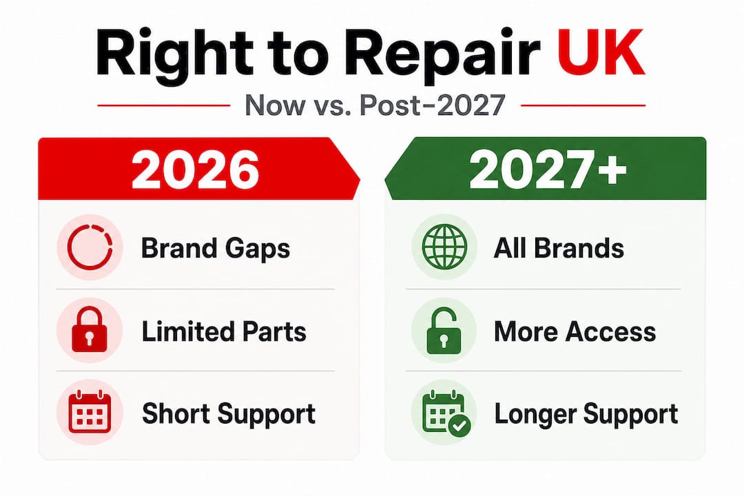 Infographic comparing UK Right to Repair rules in 2026 and 2027