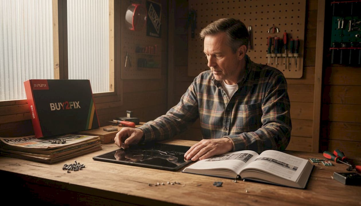 Man comparing replacement parts at garage workbench