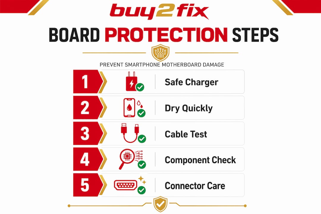 Infographic showing steps to prevent motherboard damage