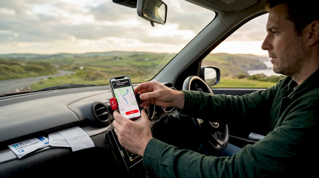 Man adjusting phone mount in parked car