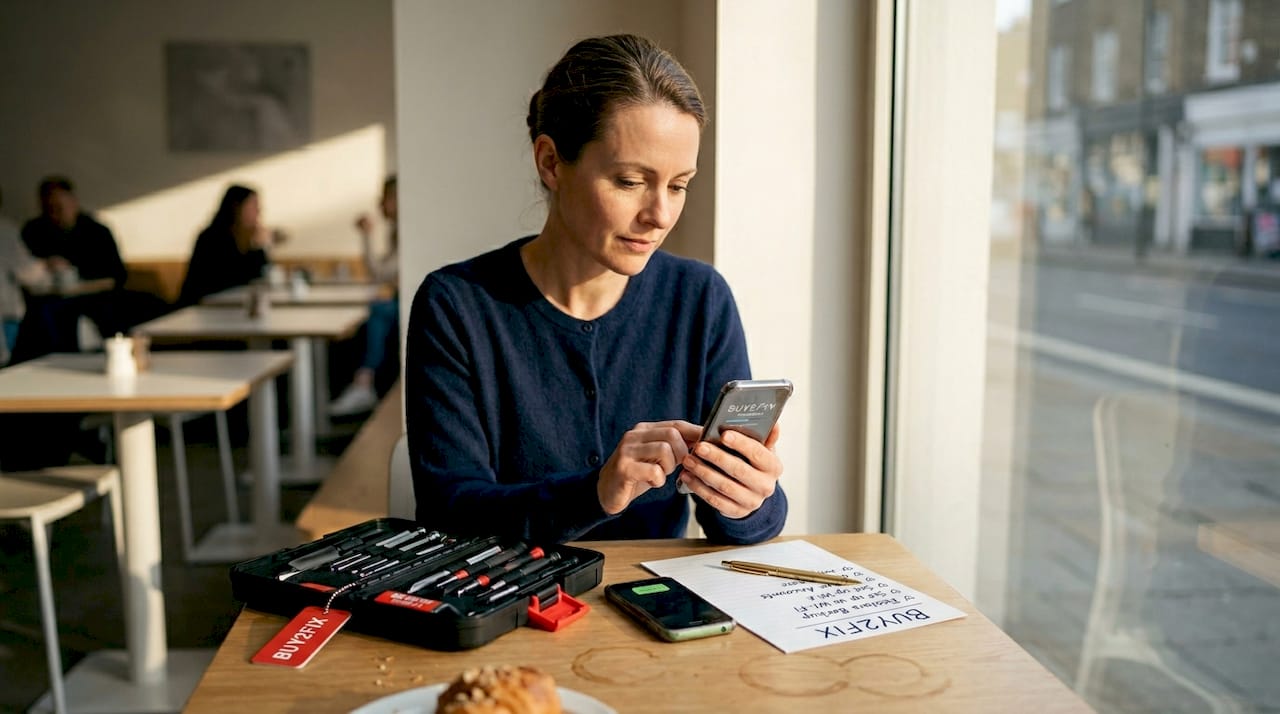 Woman checking phone software at kitchen table