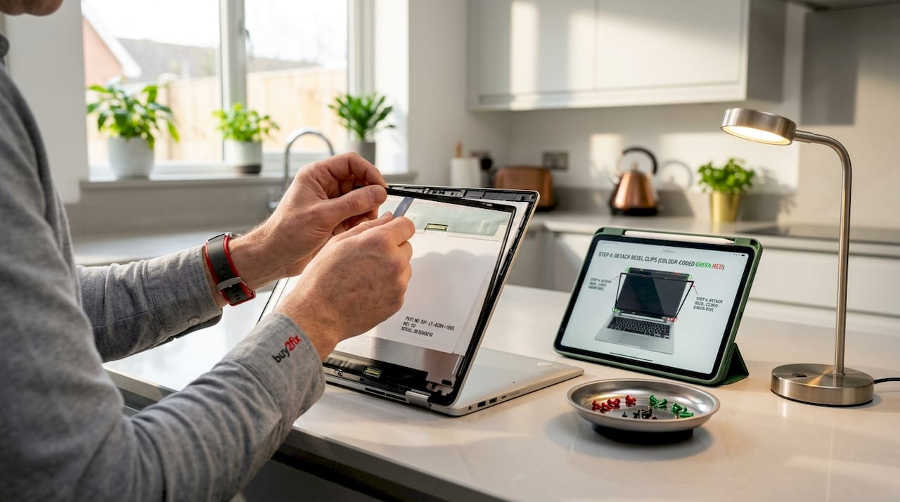 Hands checking part number on laptop screen
