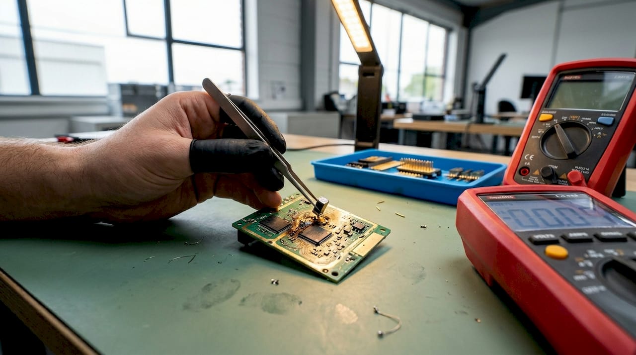 Hands checking PCB for heat damage