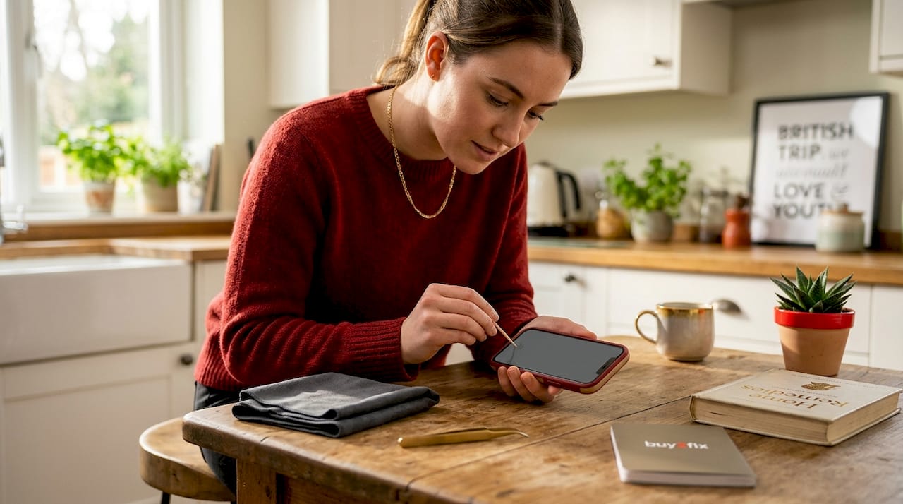 Woman cleaning lint from phone port