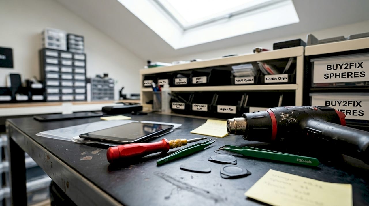 Close up of iPad Mini repair tools on desk