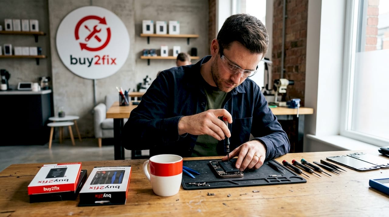Technician repairing iPhone on cluttered workbench