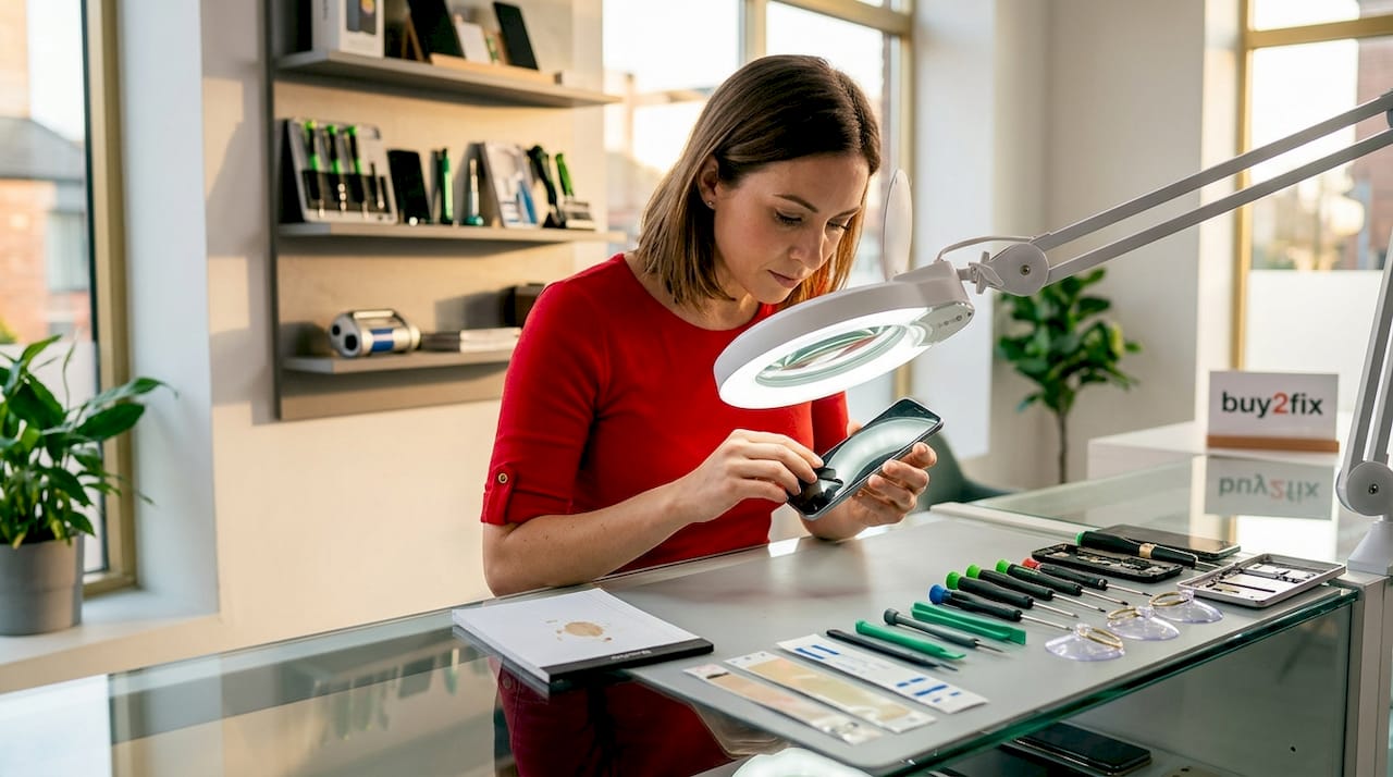 Technician inspects phone screen replacement parts