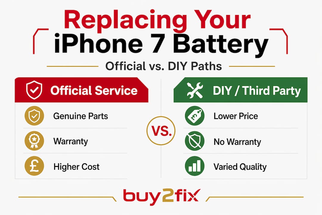 Infographic comparing official and DIY iPhone 7 battery replacement options