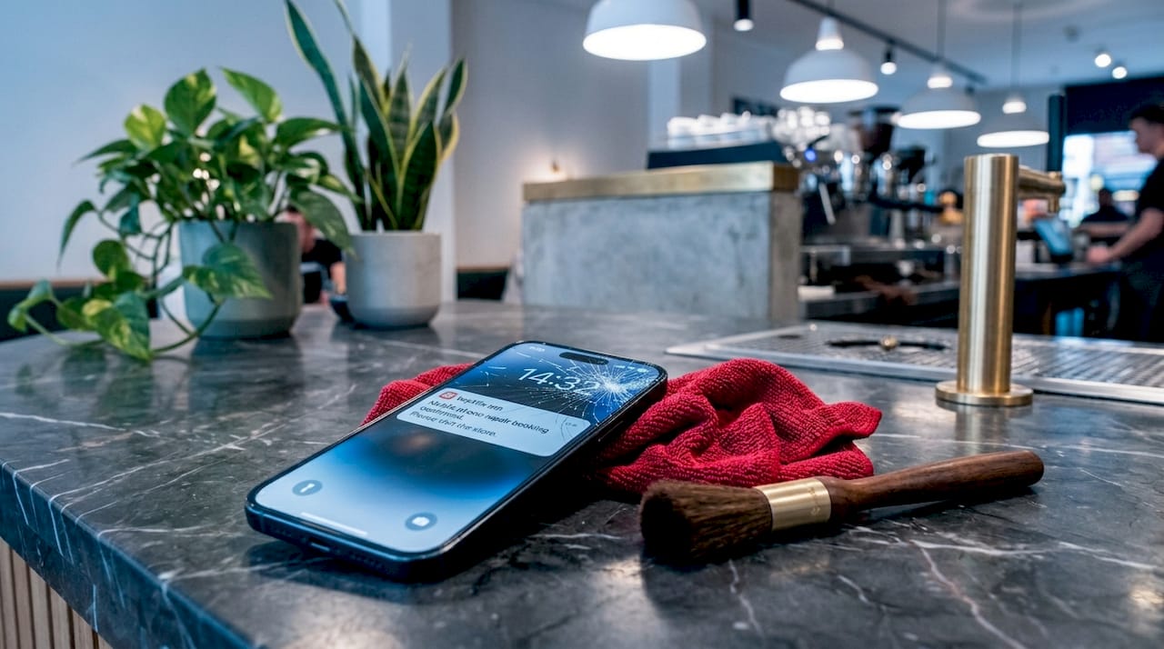 Close-up of cracked smartphone glass with cleaning tools