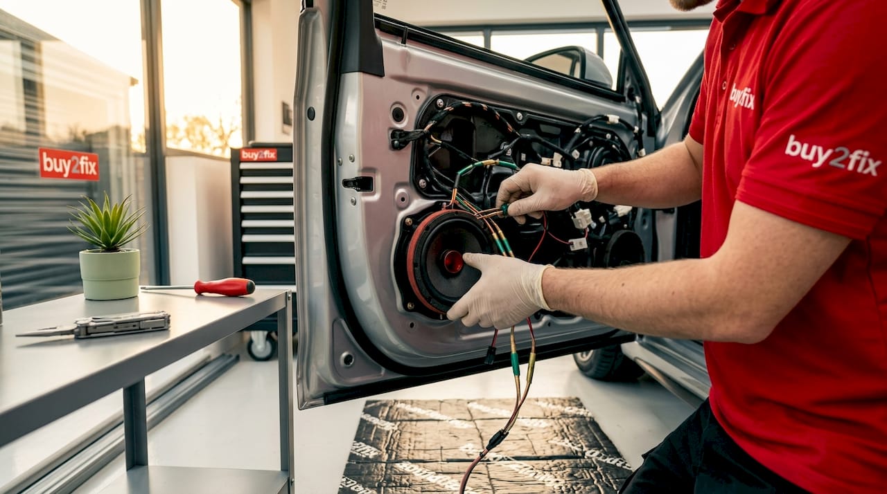 Close-up of technician installing car audio speakers