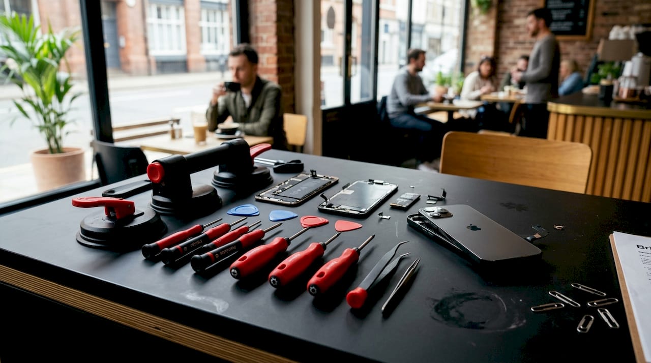 Organized phone repair tools and parts
