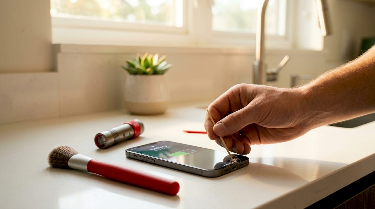Hand cleaning iPhone charging port with toothpick